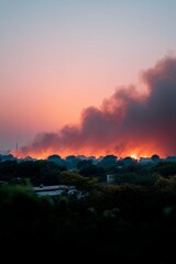 Obraz premium Wildfire burning through trees with thick orange smoke at sunset. Natural disaster, global warming, and emergency risk concept.