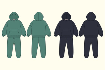 Kids Minimalist Oversized Fleece Tracksuit Color Block Fashion Flat Sketch CAD Template. © MdAmirul