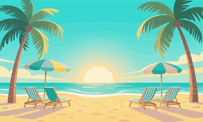 Obraz premium Tropical beach scene with palm trees and lounge chairs at sunset, flat colorful style