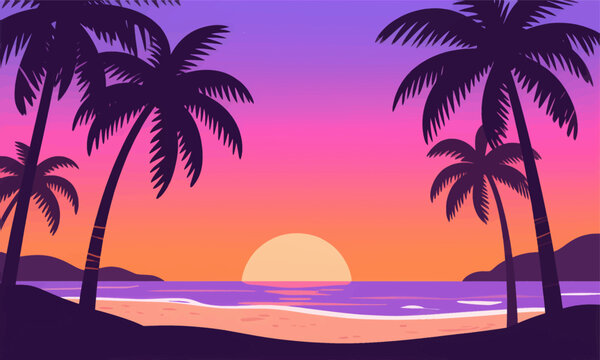 Tropical sunset with palm trees, colorful flat style beach scene at dusk