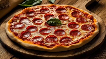hunger. A delicious pepperoni pizza sits on a rustic wooden board, captured from an overhead angle. representing modern convenience.