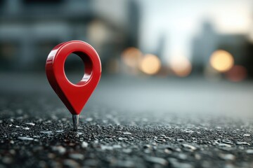 Location indicator in vivid red sits on asphalt street pointing to the desired location with blurry urban background