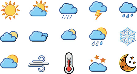 Obraz premium Weather Icons Collection: Sun Clouds Rain Lightning Snow and More.