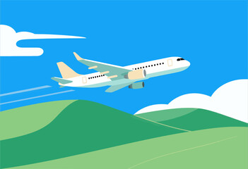 Fototapeta premium White airplane flying over green hills in flat colorful style against blue sky