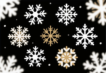 Fototapeta premium White and gold snowflakes floating against black background, minimalist winter design