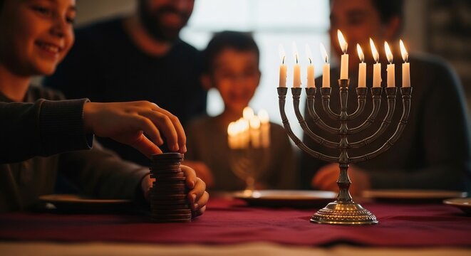 Family celebrating Hanukkah lighting menorah candles, spinning dreidel. Jewish holiday themes for greeting cards, banners, home decor, family gatherings, religious events.