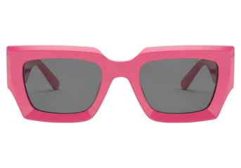 Stylish pink oversized square sunglasses with dark lenses, isolated on a transparent background