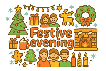 Festive Christmas Doodle. Festive evening. Hand-drawn doodle illustration of Festive evening. Christmas tree,