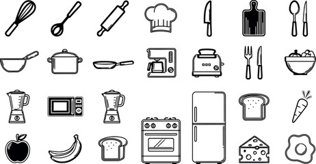 Collection of kitchen utensils and food items in a simple line art style.