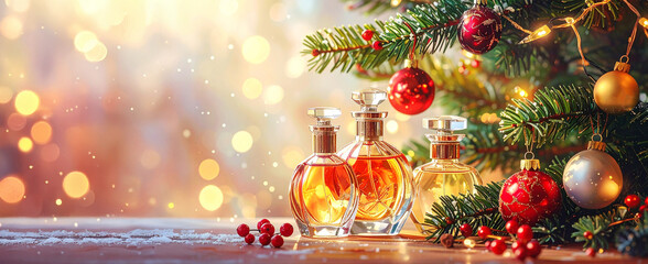 a banner with beautiful perfume bottles and a festively decorated Christmas tree