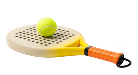Paddle tennis ball rests on yellow racket