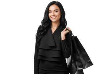 Young woman in black dress holding shopping bags, isolated on transparent background
