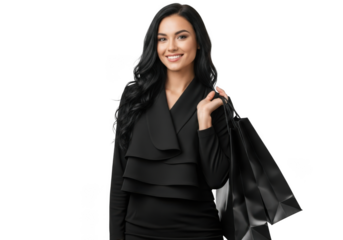 Young woman in black dress holding shopping bags, isolated on transparent background