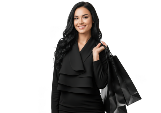 Young woman in black dress holding shopping bags, isolated on transparent background - Powered by Adobe