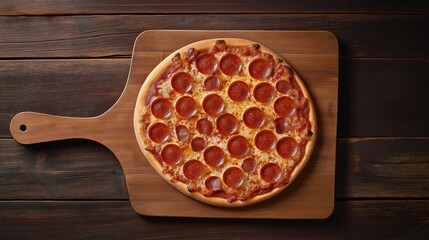 hunger. A delicious pepperoni pizza sits on a rustic wooden board, captured from an overhead angle. representing modern convenience.