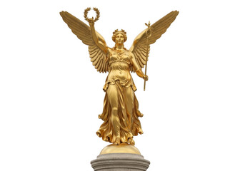 Golden winged angel statue holding a laurel wreath and a staff, isolated on transparent background