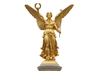Golden winged angel statue holding a laurel wreath and a staff, isolated on transparent background
