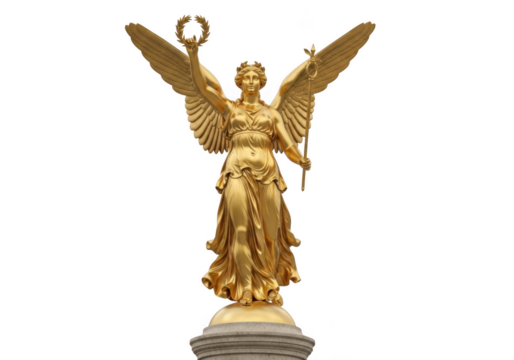 Golden winged angel statue holding a laurel wreath and a staff, isolated on transparent background