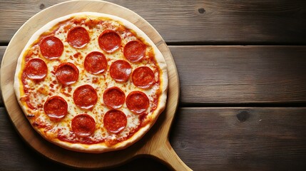 hunger. A delicious pepperoni pizza sits on a rustic wooden board, captured from an overhead angle. representing modern convenience.