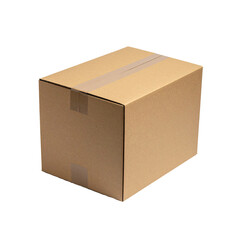 Brown cardboard box, taped shut, on a black background, slightly angled
