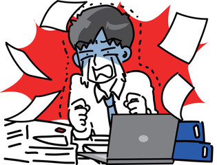 パソコンと若手男性会社員の困った時のセットベクターイラスト