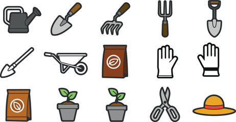 Collection of Gardening Tools and Supplies for Planting and Cultivation.