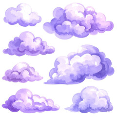Rendered collection of fluffy, purple clouds with varying shapes and sizes against a black background