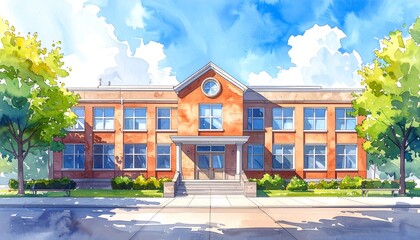 A brightly illustrated classic school building on a vibrant sunny day, showcasing timeless architecture and an inviting educational atmosphere with lush green trees