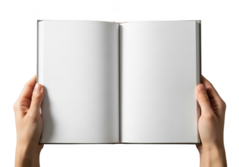 Hands holding an open blank book isolated on transparent background