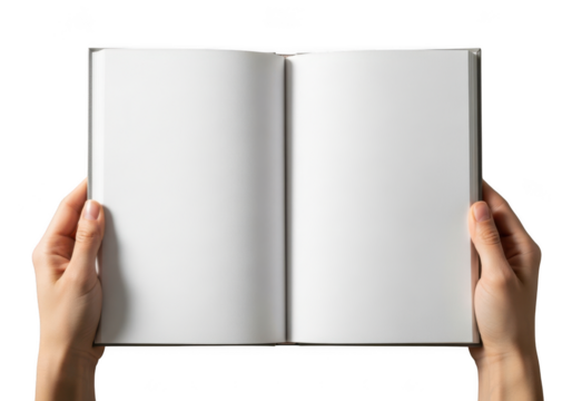 Hands holding an open blank book isolated on transparent background - Powered by Adobe