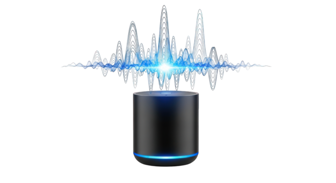 Smart speaker emitting sound waves on transparent background
