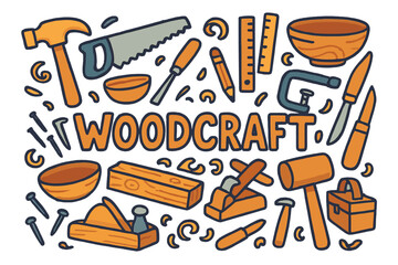 Colorful Woodcraft Tools. Woodcraft. Hand-drawn doodle illustration of Woodcraft. Hammer, saw, chisel, wood