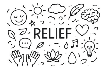 Relief Doodle Illustration. Relief. Hand-drawn doodle illustration of Relief. smiling face, open hands, heart,