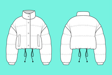 Women's Long Sleeve Funnel Neck Cropped Puffer Jacket with Cinched Hem Technical Flat Sketch CAD Template.