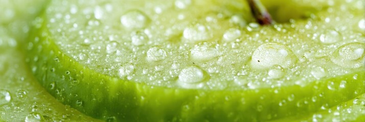 Close-up View of a Fresh Green Apple Slice With Droplets of Water Sparkling in Daylight