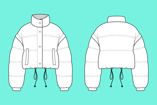 Women's Long Sleeve Funnel Neck Cropped Puffer Jacket with Cinched Hem Technical Flat Sketch CAD Template.