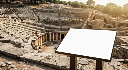 Fototapeta premium Empty Sign at the Ancient Amphitheater: An inviting scene of a classic amphitheater invites visitors to explore a moment. A blank sign in the forefront for your message.