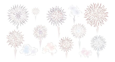 Photo of collection of colorful fireworks exploding in the night sky, isolated on white background