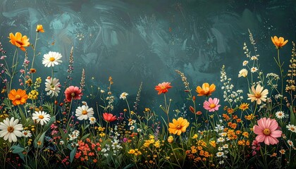 Enchanting Wildflower Meadow Glowing Under a Mysterious Dark Sky, a Dreamlike Botanical Display of Vibrant Blooms and Lush Foliage in an Ethereal Nature Scene