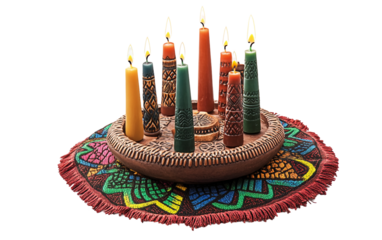 Kwanzaa candleholder featuring candles representing the seven principles of the celebration isolated on transparent background PNG