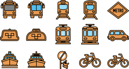 A diverse set of colorful transportation vehicle line art icons.