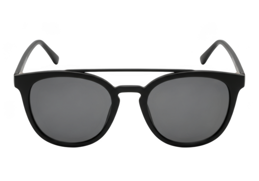 Black round sunglasses with dark lenses, isolated on transparent background