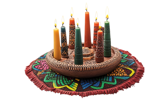 Kwanzaa candleholder featuring candles representing the seven principles of the celebration isolated on transparent background PNG