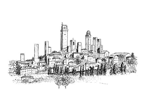 San Gimignano &ndash; The City of Towers Ink Drawing
