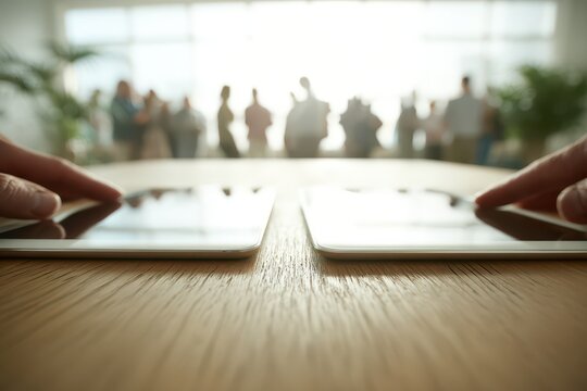 Hands touching modern tablet screens during a collaborative team meeting.