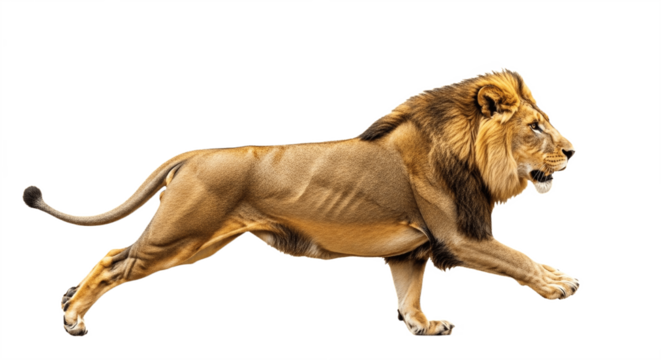 Lion Running Attacking Side view isolated on white transparent background, PNG 