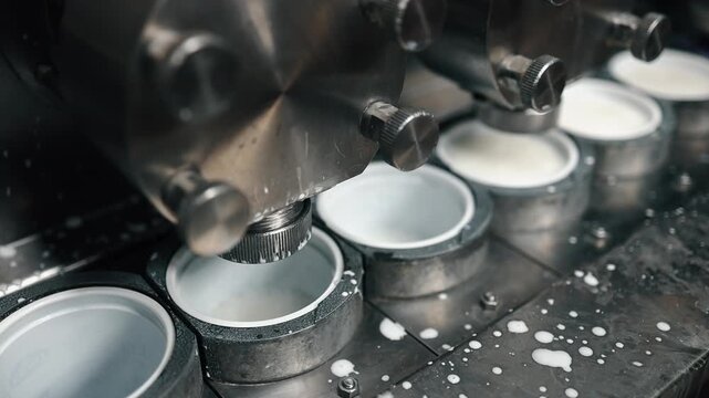 Robotic machine filling plastic cups with creamy yogurt on an industrial conveyor belt in a modern dairy factory, showcasing the automated food manufacturing process from a close-up view