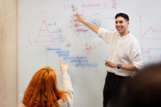 Businesspeople discussing at seminar conference. Speaker educating and sharing experiences. Successful businessman giving presentation. Audience raising hand up and pointing to ask question at meeting - Powered by Adobe