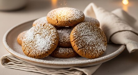 A stack of powdered sugar cookies on a speckled plate with a folded linen napkin under soft lighting