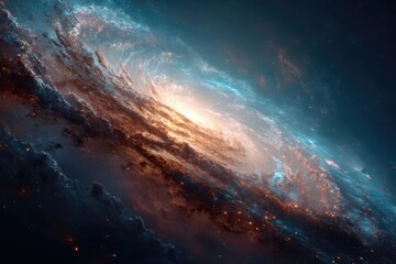 Fototapeta premium Glowing celestial spiral galaxy featuring intricate nebulae, cosmic dust, and vibrant colors in deep outer space